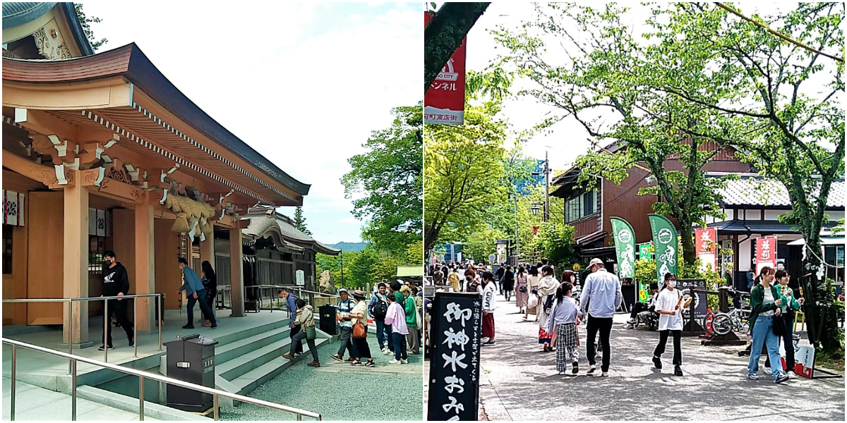 (左)建て直された阿蘇神社拝殿、(右)参拝客でにぎわう門前町