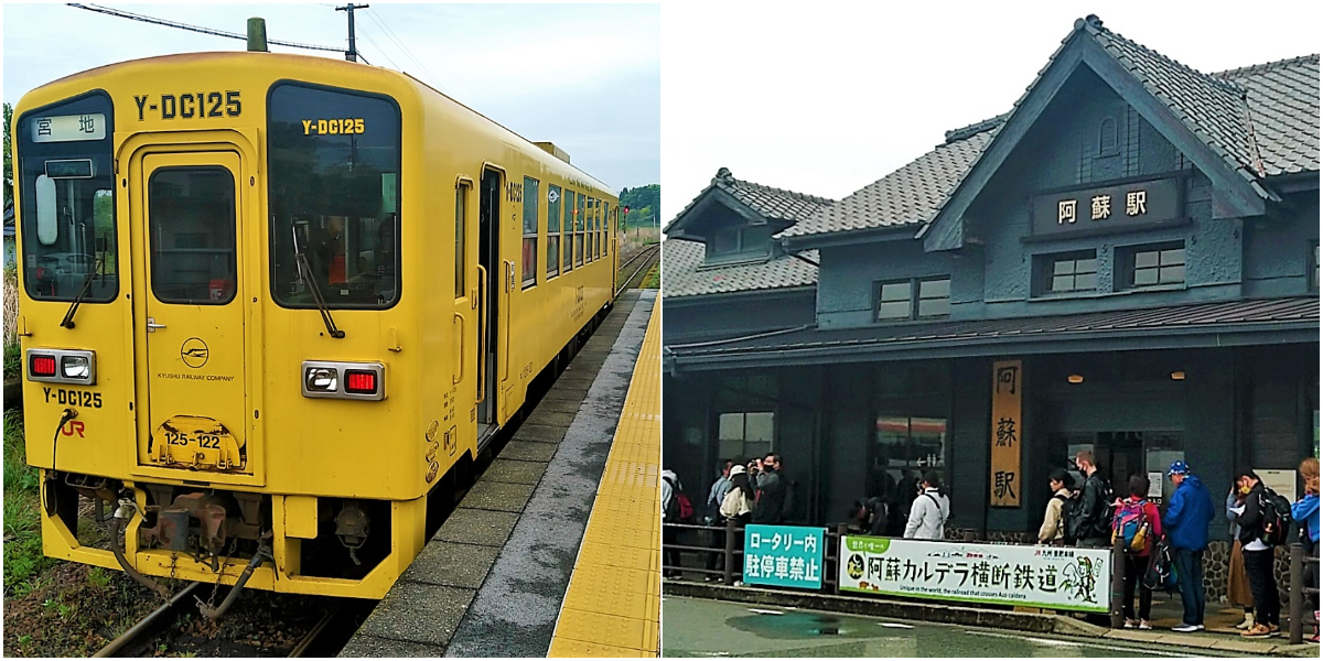 (左)豊肥線のワンマン車両、(右)ＪＲ阿蘇駅には観光客の列が