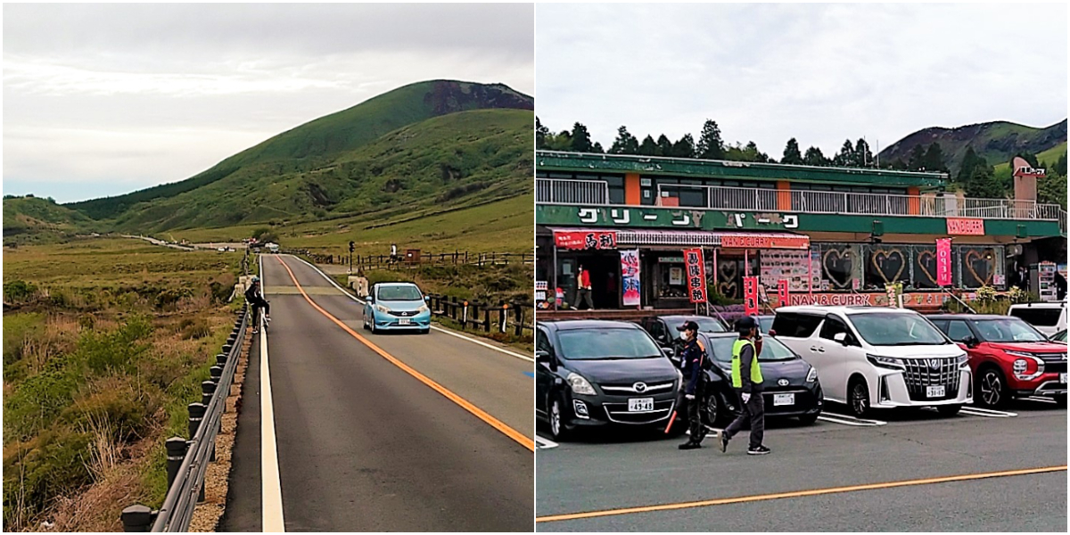 (左)阿蘇登山道を下っていく、(右)草千里の駐車場は大混雑